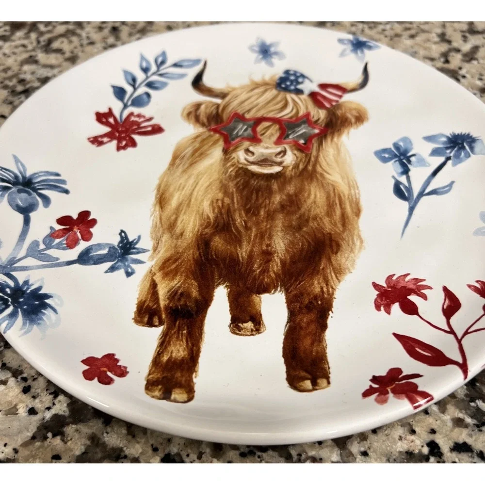 Hobby Lobby Patriotic Highland Cow Plate Ceramic Bow Glasses 8.58
